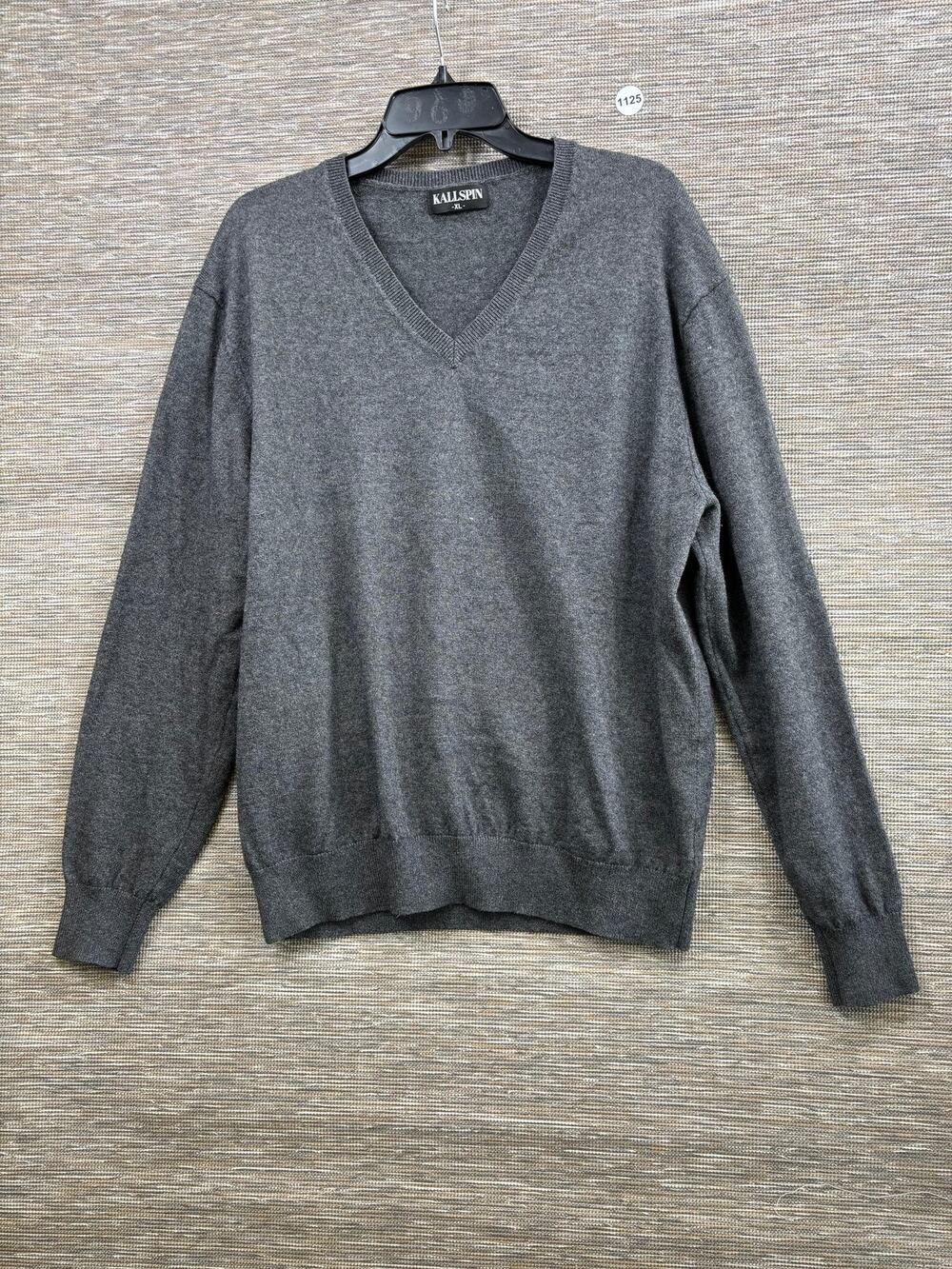 KALLSPIN Sweater Mens XL Gray V Neck Cashmere Blend Lightweight Pullover